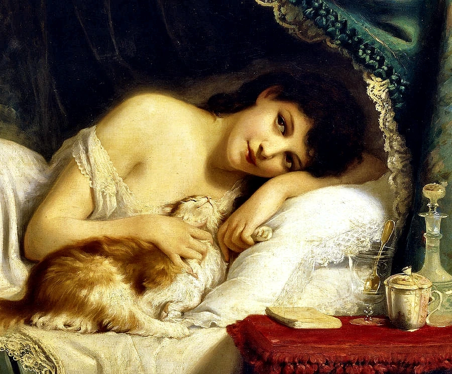 Una bellezza sdraiata con il suo gatto - dettaglio
